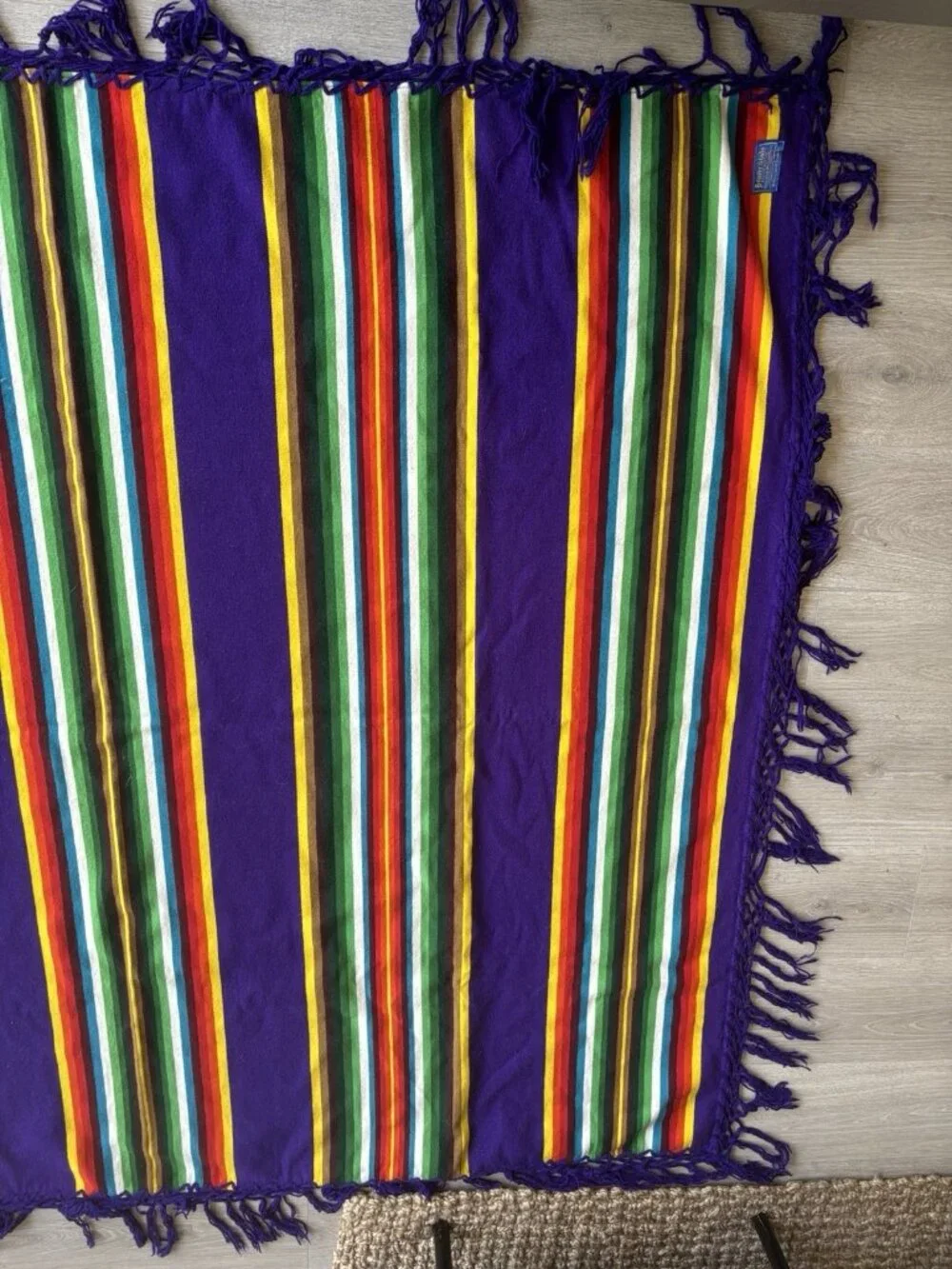 Beaver State Pendleton Stripe Mills Robe Shawl Fringed Blanket Purple Rainbow